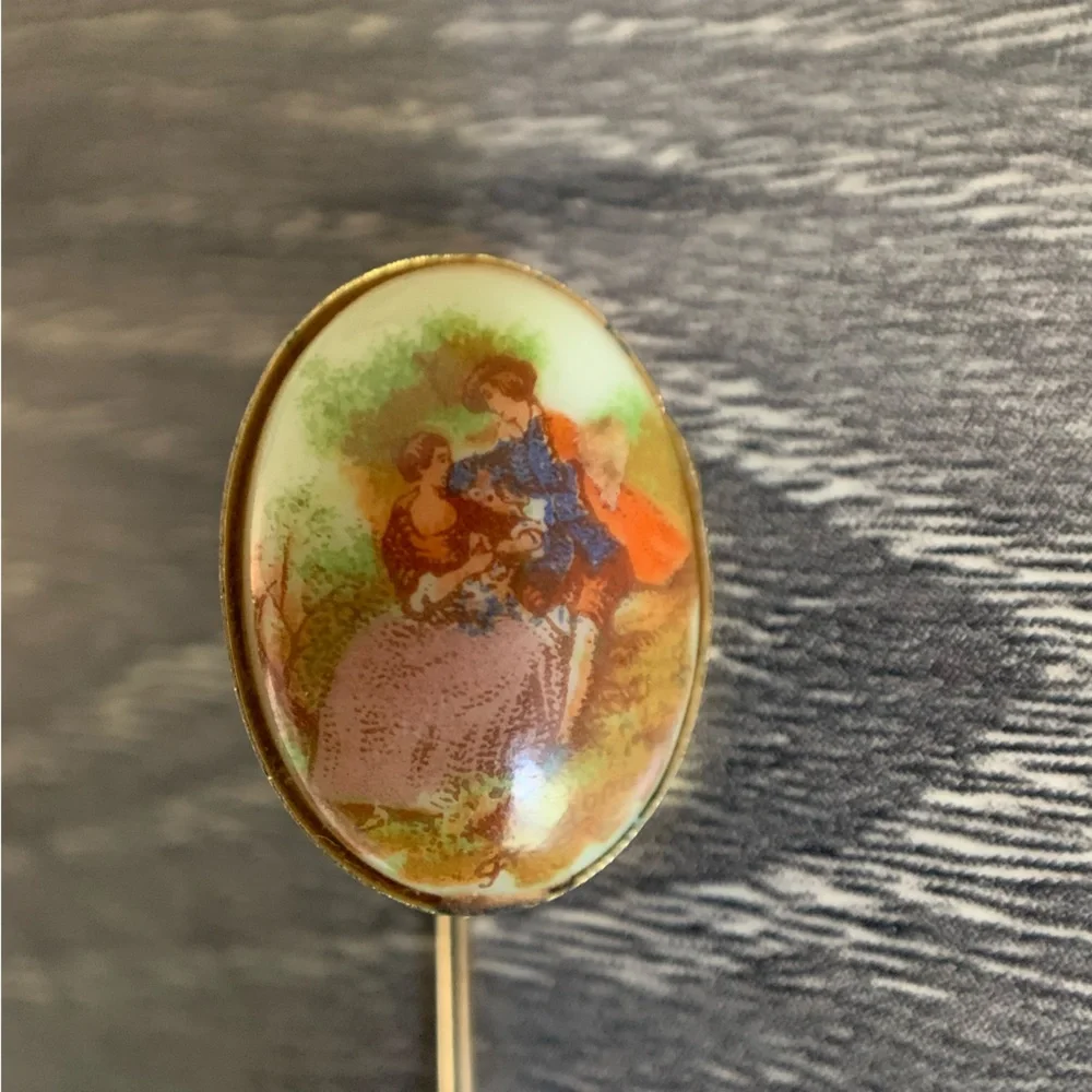 Vintage Gold Stickpin Courting Couple Victorian Limoges Fragonard 1950s